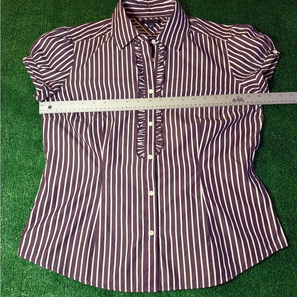 Tommy Hilfiger Ruffled Purple and White Striped Button Up Fitted Shirt Size L - Picture 10 of 11